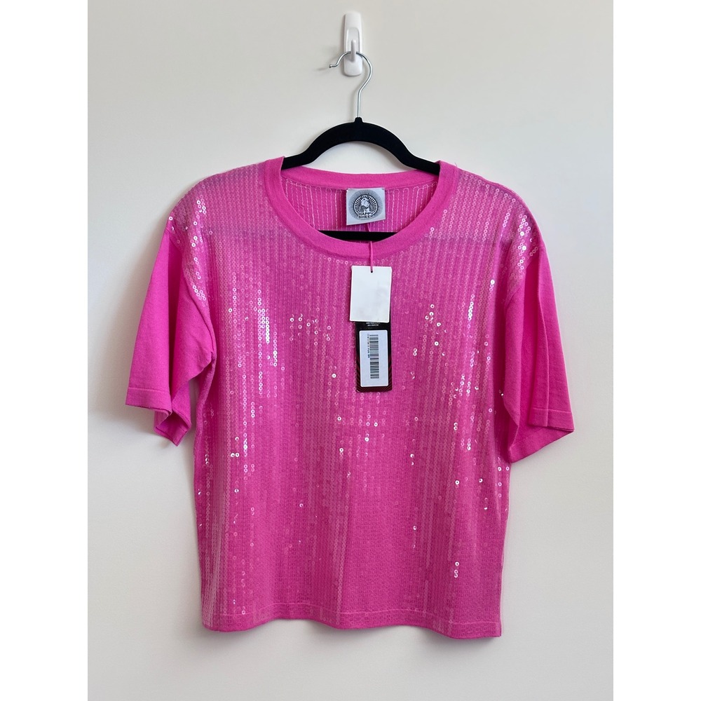 Happy Sheep Hot Pink Sequin Knit Top Short Sleeve Cotton Shirt Small